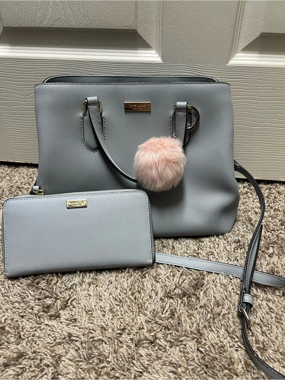 kate spade Light Gray Satchel with Matching Wallet and Pink Pom Keychain